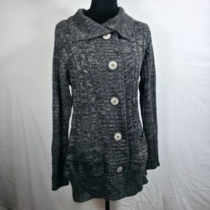Effeci Gray Marl Cable Knit Button Front Longline Cardigan Sweater Womens Medium